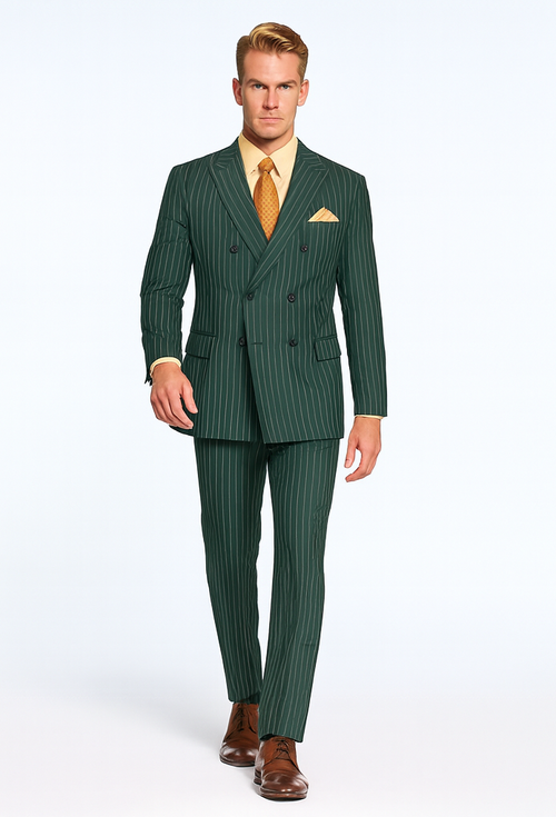 Mens Hunter Green Pinstripe Double-Breasted Suit – Bold 6-Button Vintage Gangster Style 1920s Look