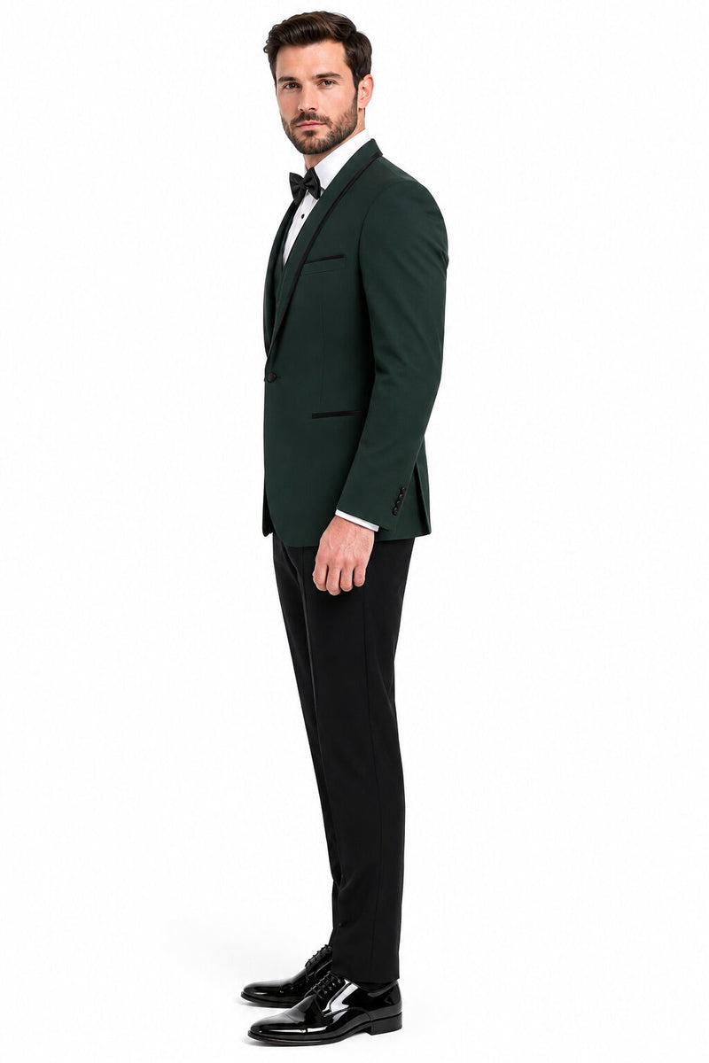 Dark Green Tuxedo - Men's Designer Vested Satin Trim Shawl Wedding Hunter Green Prom Tuxedo