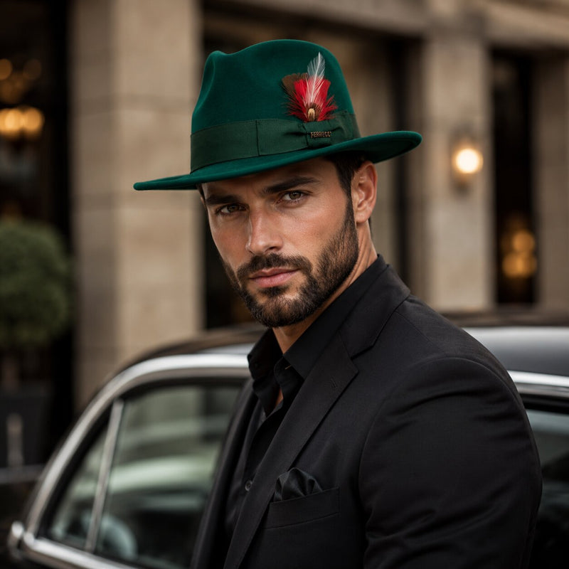 Gangster 100% Australian Wool Crushable Mens Fedora Hat - Removable Feather Gangster Hunter Green Mens Fedora Hat