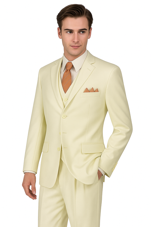 "Classic Fit Men's Three-Button Ivory Suit with Vest and Pleated Pants"