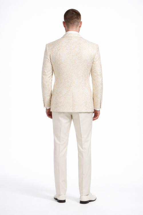 Men's Designer Vested Wedding & Prom Tuxedo in Ivory Off White & Gold Floral Paisley