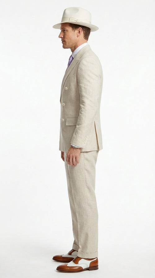 Mens Ivory Off White Double Breasted AI Capone Suit – Classic 1920s Vintage Gangster Style Formal Suit