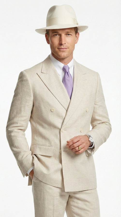 Mens Ivory Off White Double Breasted AI Capone Suit – Classic 1920s Vintage Gangster Style Formal Suit