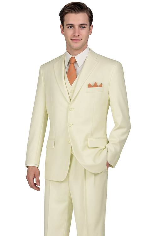 "Classic Fit Men's Three-Button Ivory Suit with Vest and Pleated Pants"