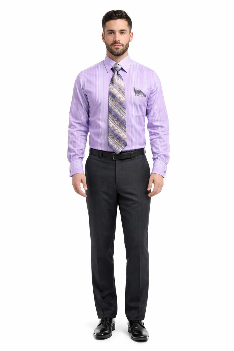 Lavender Men's French Cuff Dress Shirt Set with Tonal Stripe, Tie & Hanky