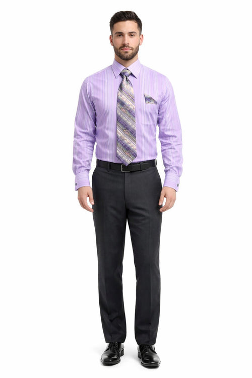 Lavender Men's French Cuff Dress Shirt Set with Tonal Stripe, Tie & Hanky