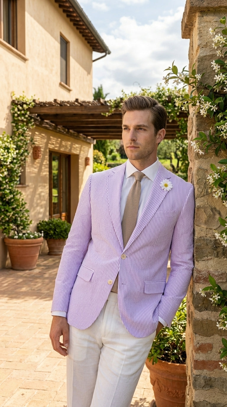 Mens Lavender Seersucker Blazer – Lightweight Striped Summer Sport Coat Casual Smart Formal Jacket