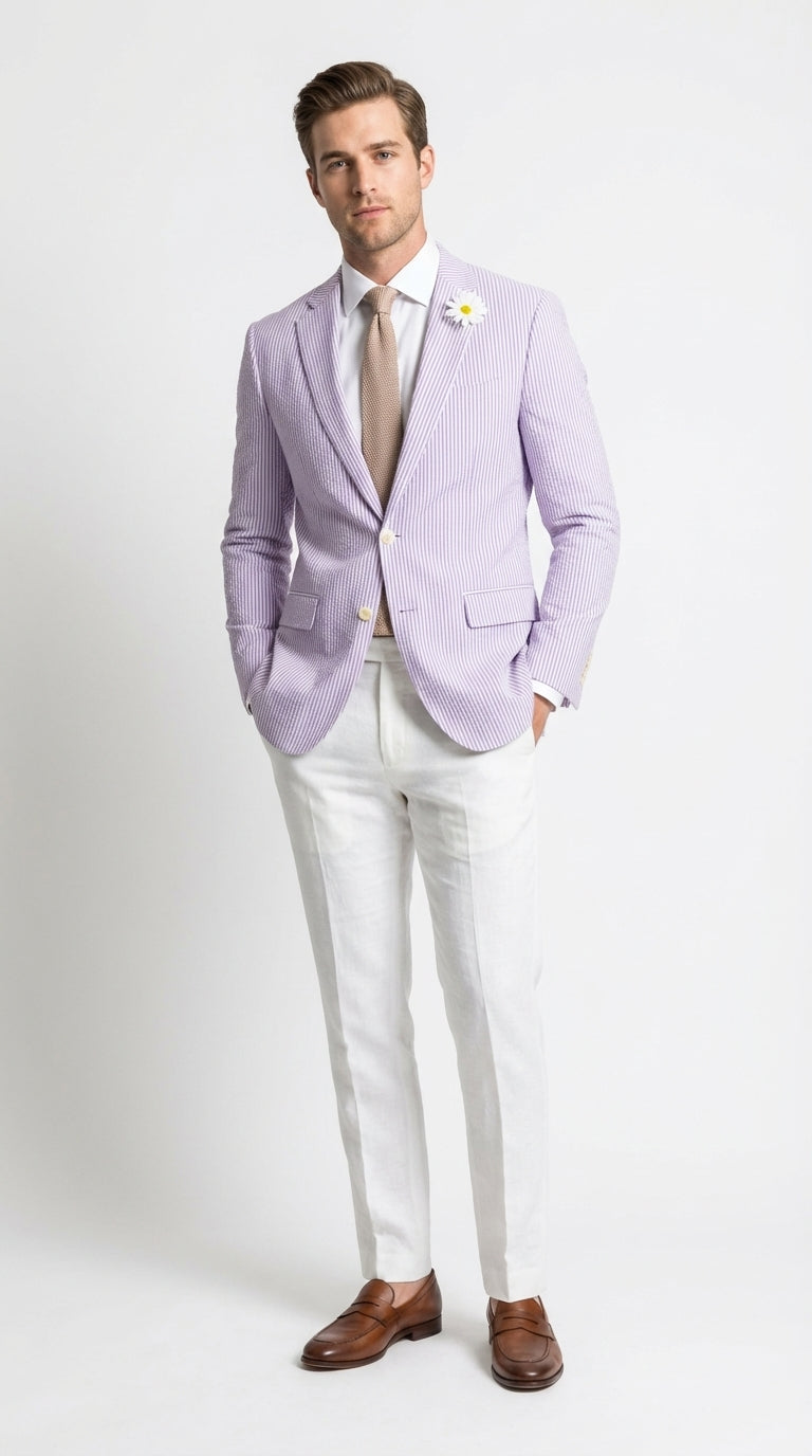 Mens Lavender Seersucker Blazer – Lightweight Striped Summer Sport Coat Casual Smart Formal Jacket