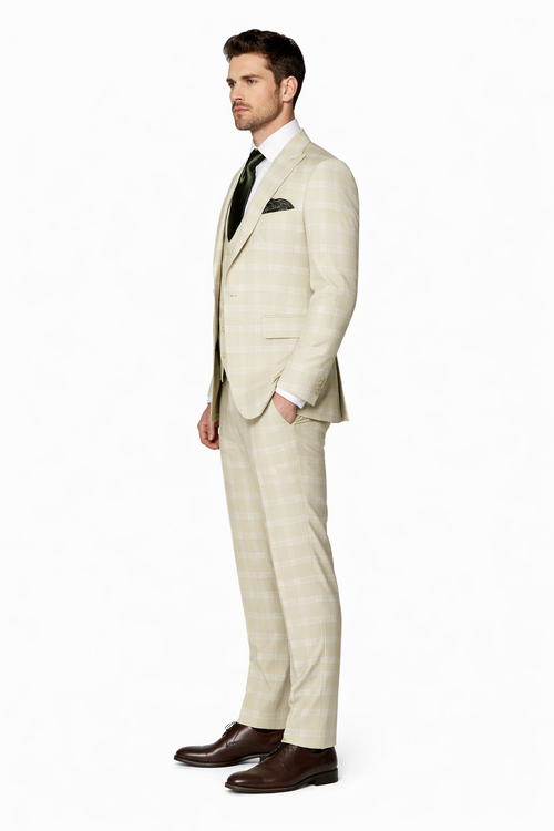 Mens Light Beige Check 3-Piece Suit Set Premium Tailored Fit Formal Wedding and Spring Event Suit Light Tan Sand Color By Rossiman