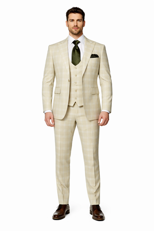 Mens Light Beige Check 3-Piece Suit Set Premium Tailored Fit Formal Wedding and Spring Event Suit Light Tan Sand Color By Rossiman