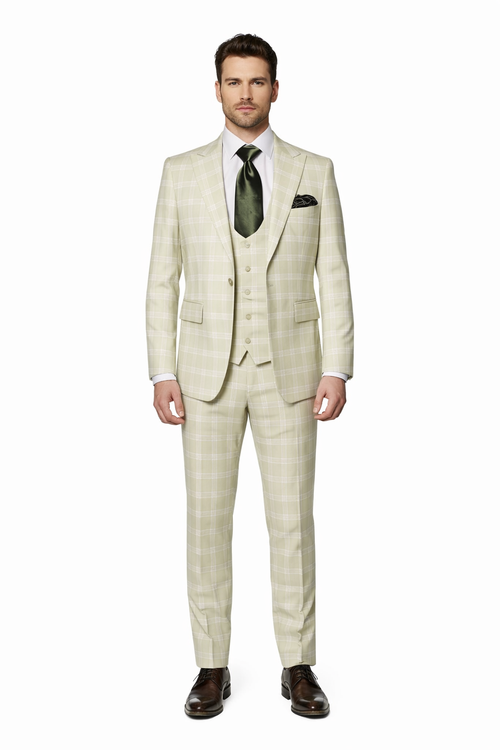 Mens Light Beige Check 3-Piece Suit Set Premium Tailored Fit Formal Wedding and Spring Event Suit Light Tan Sand Color By Rossiman