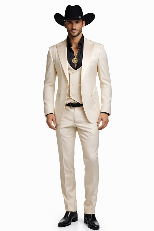 Mens Light Beige Western 3-Piece Suit – Cowboy Tuxedo with Shawl Lapel