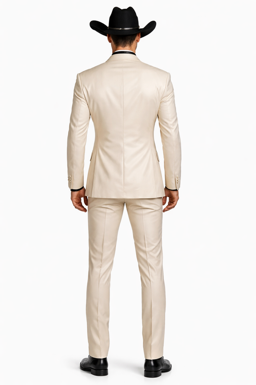 Mens Light Beige Western 3-Piece Suit – Cowboy Tuxedo with Shawl Lapel