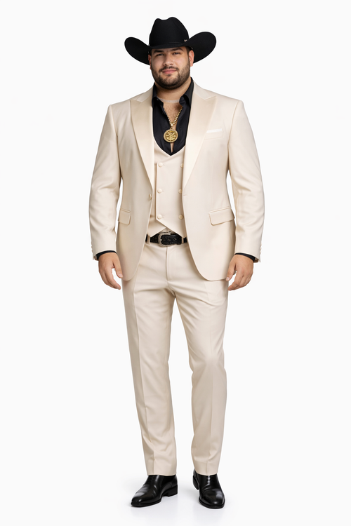 Mens Light Beige Western 3-Piece Suit – Cowboy Tuxedo with Shawl Lapel