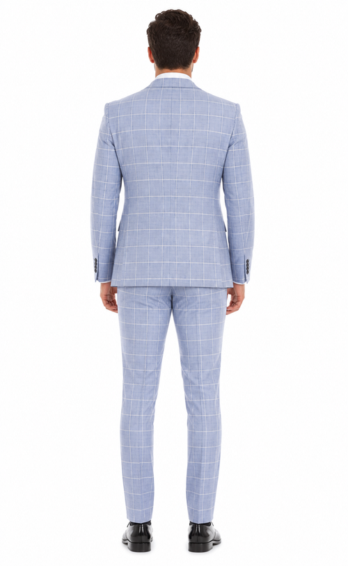 Mens Light Blue Plaid Three Piece Suit – Windowpane Check Wedding and Business Formal Suit Set