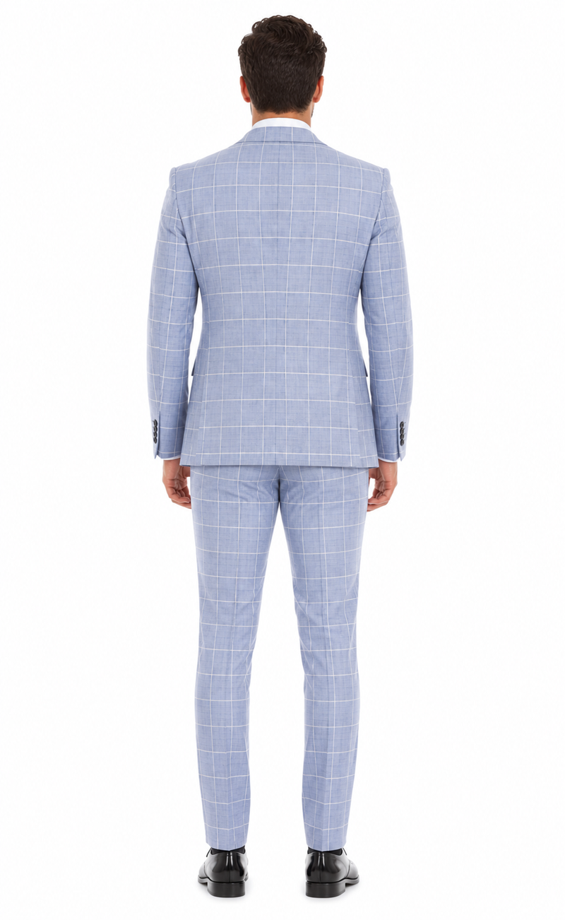 Mens Light Blue Plaid Three Piece Suit – Windowpane Check Wedding and Business Formal Suit Set