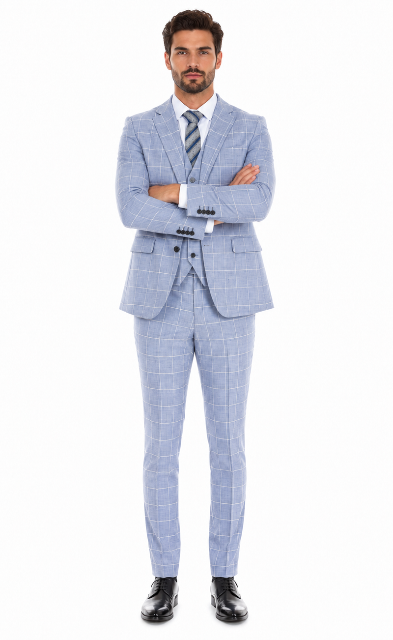 Mens Light Blue Plaid Three Piece Suit – Windowpane Check Wedding and Business Formal Suit Set