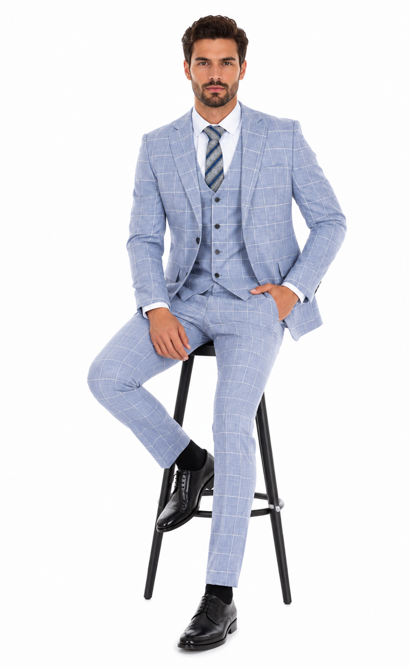 Mens Light Blue Plaid Three Piece Suit – Windowpane Check Wedding and Business Formal Suit Set