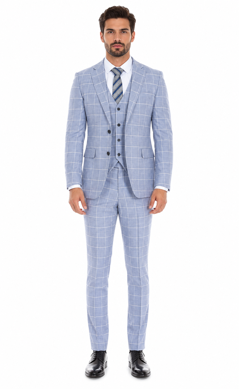 Mens Light Blue Plaid Three Piece Suit – Windowpane Check Wedding and Business Formal Suit Set