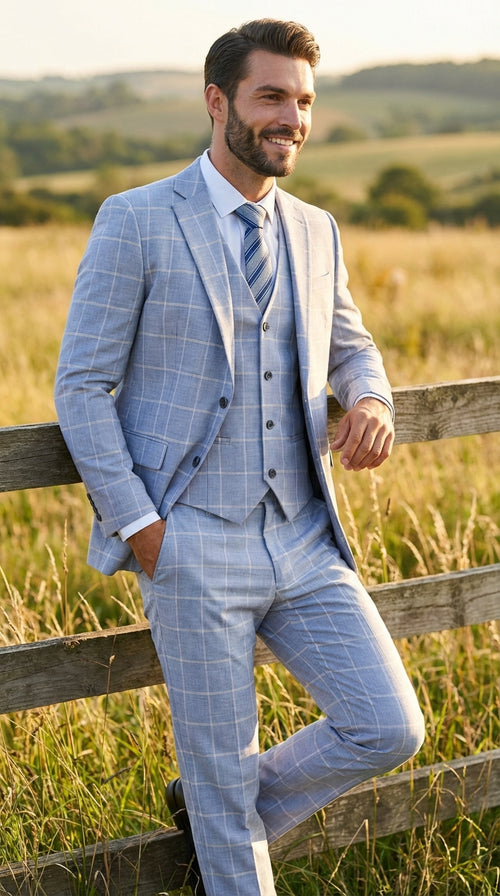 Mens Light Blue Plaid Three Piece Suit – Windowpane Check Wedding and Business Formal Suit Set