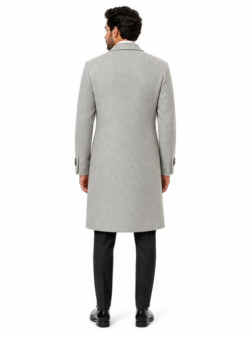 Mens Light Gray Double-Breasted Wool Overcoat – Classic Long Dress Coat for Winter