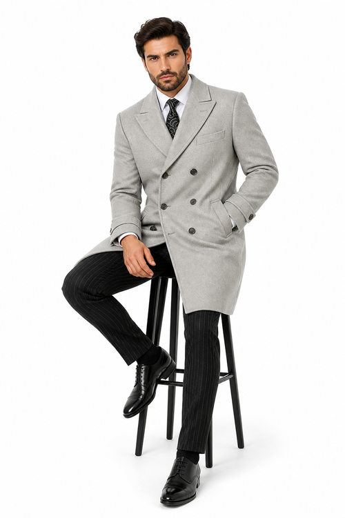 Mens Light Gray Double-Breasted Wool Overcoat – Classic Long Dress Coat for Winter