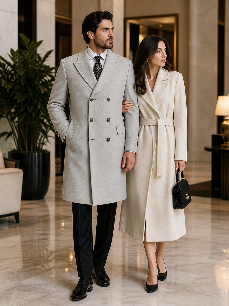 Mens Light Gray Double-Breasted Wool Overcoat – Classic Long Dress Coat for Winter