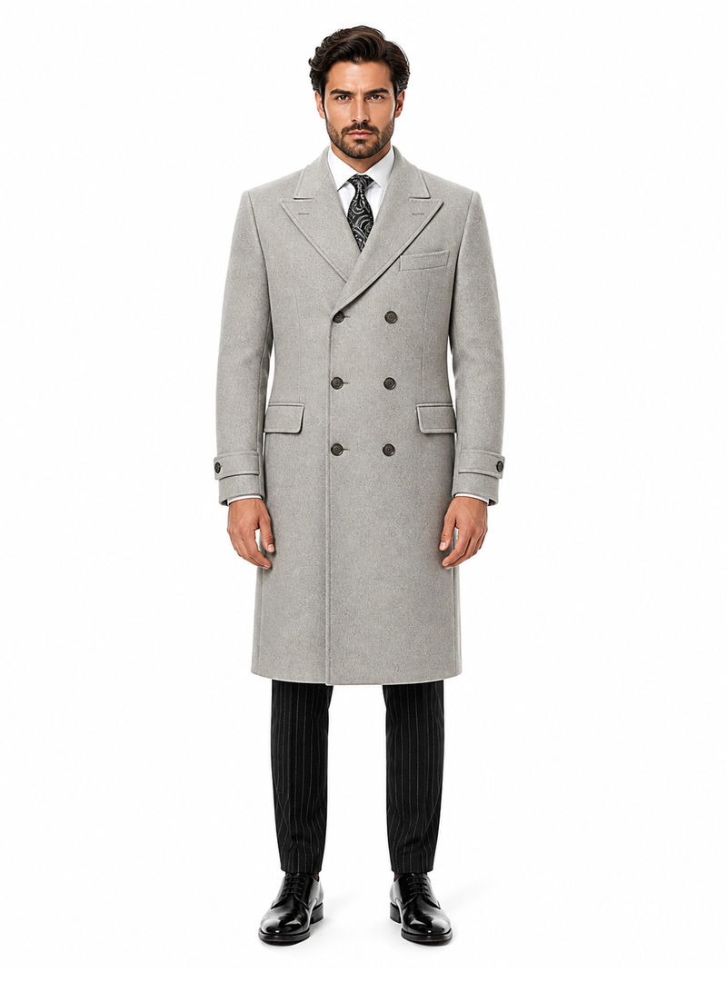Mens Light Gray Double-Breasted Wool Overcoat – Classic Long Dress Coat for Winter