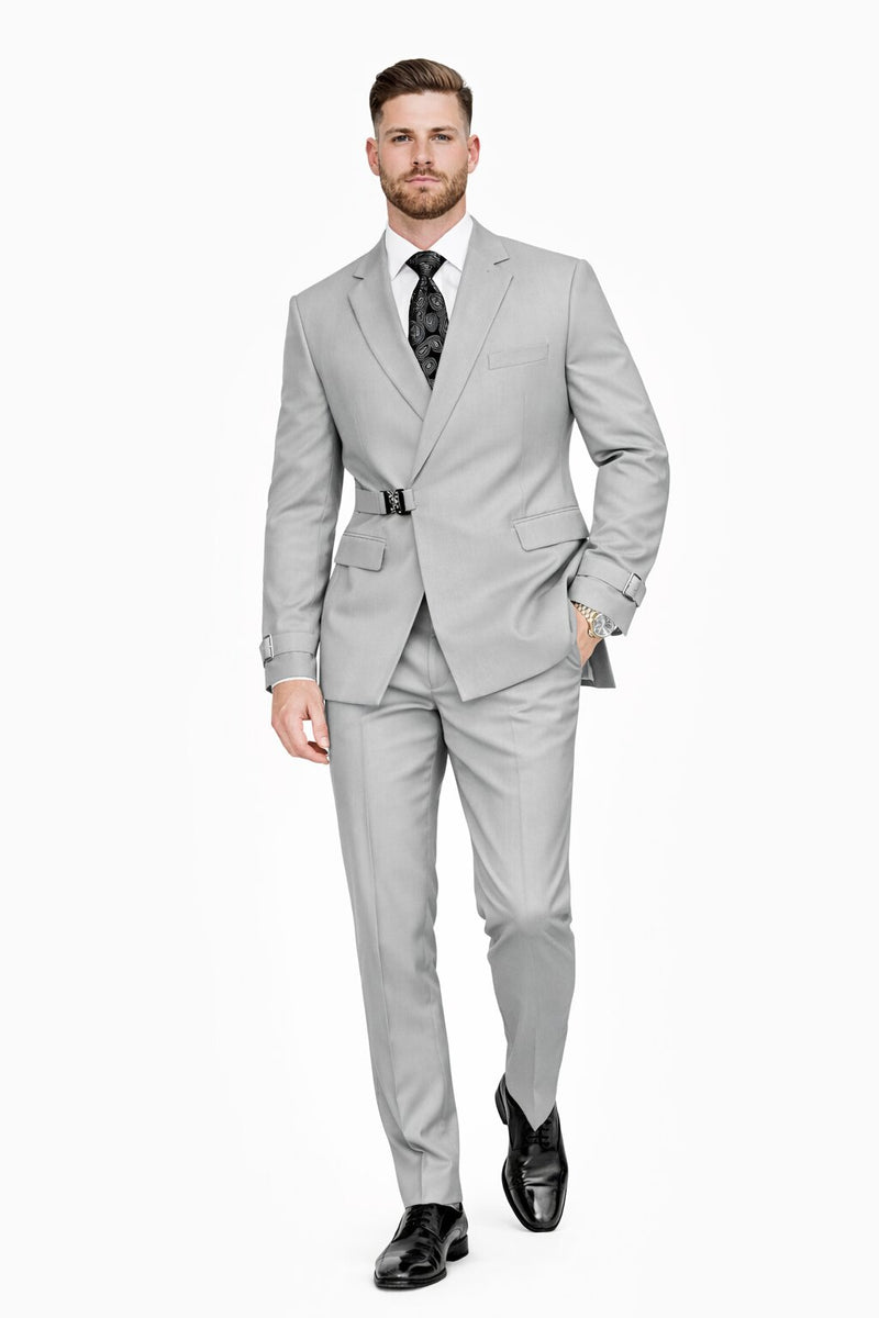 Men’s Light Grey Double Breasted Modern Designer Tailored Fit Wool Suit with Metal Buckle Closure