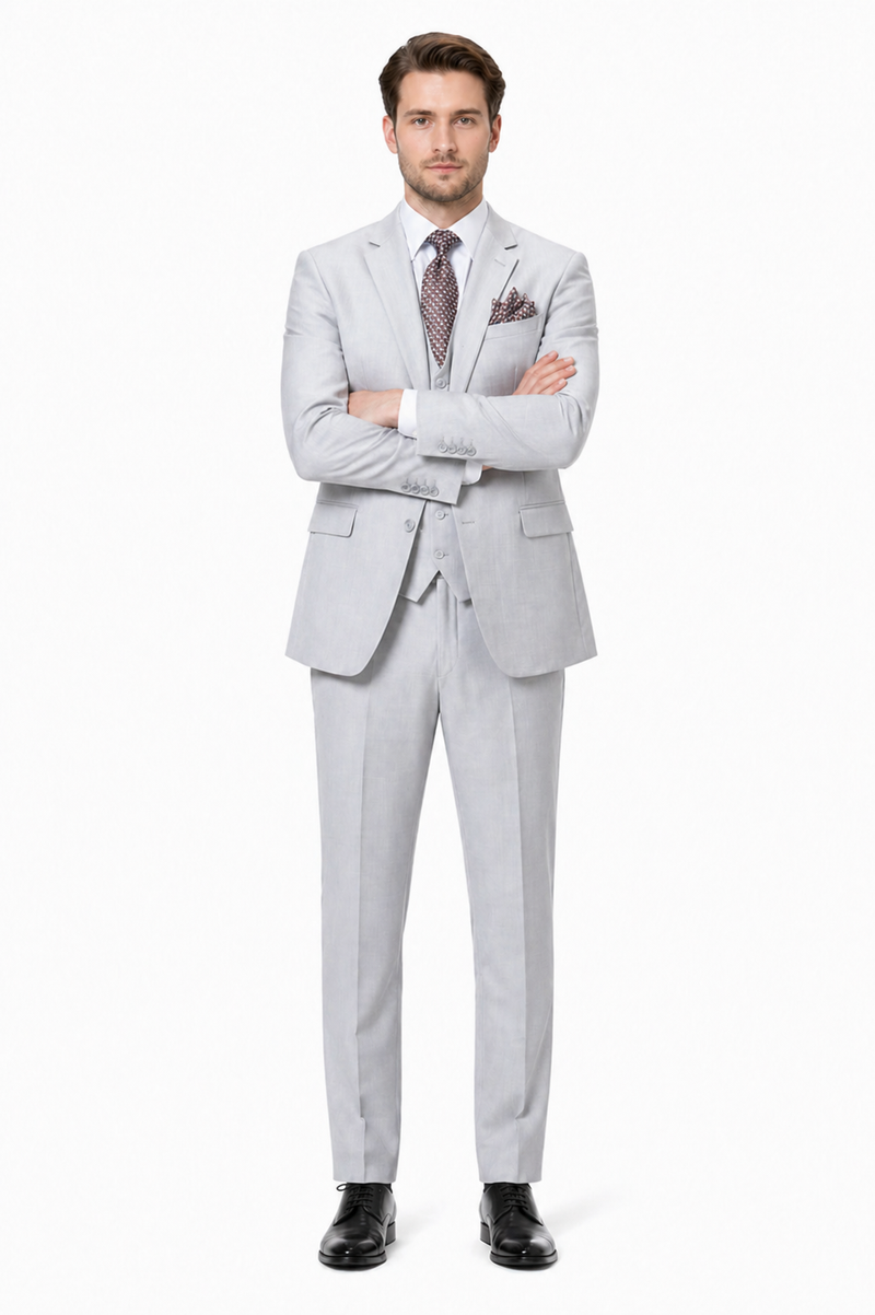 Men’s Light Grey Sharkskin 3 Piece Suit – Two Button Vested Modern Formal Business Suit for Wedding in silver Ice Gray
