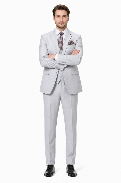 Men’s Light Grey Sharkskin 3 Piece Suit – Two Button Vested Modern Formal Business Suit for Wedding in silver Ice Gray