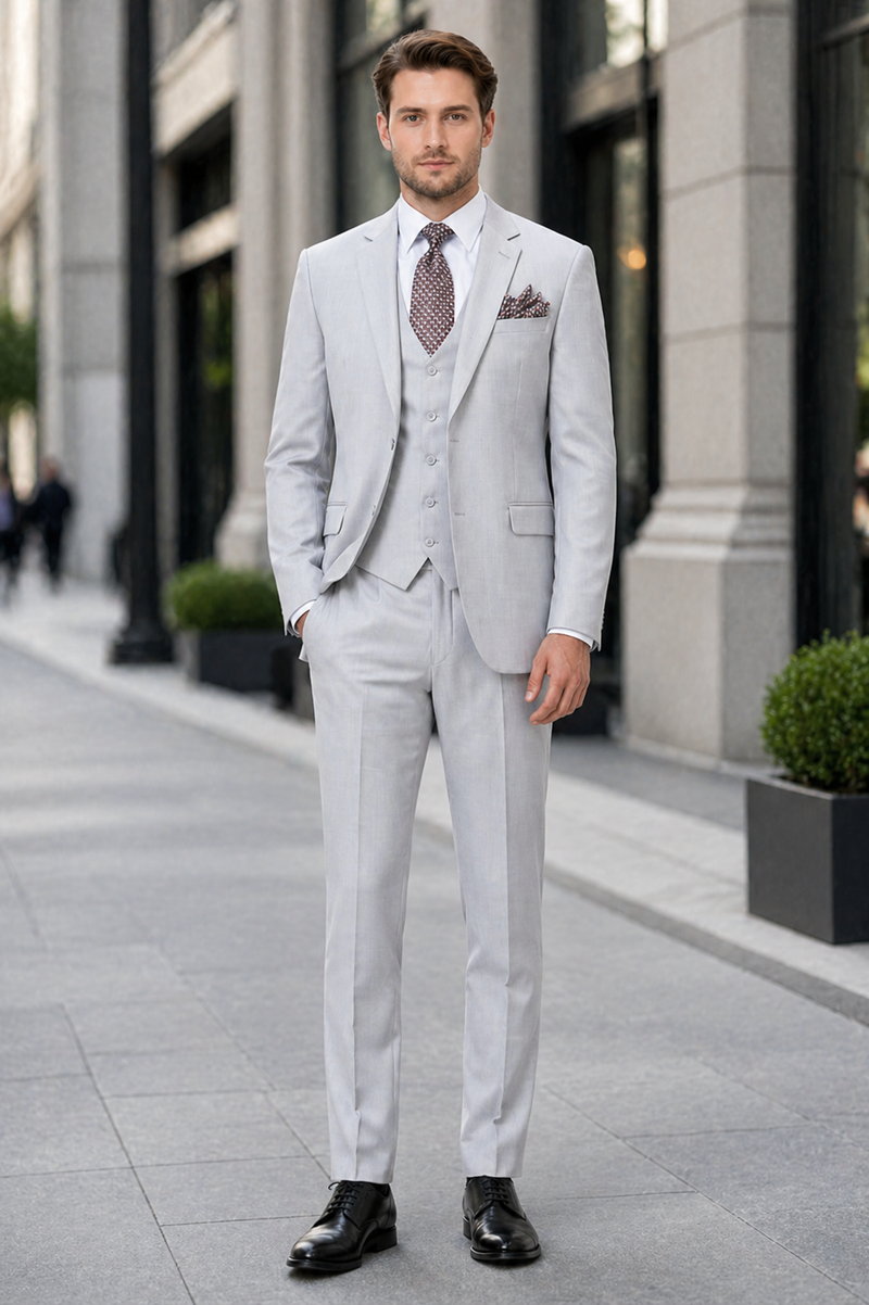 Men’s Light Grey Sharkskin 3 Piece Suit – Two Button Vested Modern Formal Business Suit for Wedding in silver Ice Gray