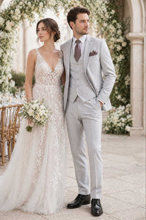 Men’s Light Grey Sharkskin 3 Piece Suit – Two Button Vested Modern Formal Business Suit for Wedding in silver Ice Gray