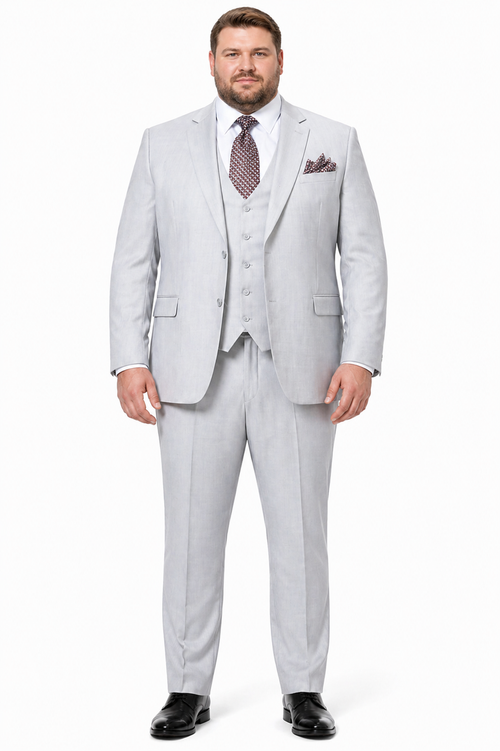 Men’s Light Grey Sharkskin 3 Piece Suit – Two Button Vested Modern Formal Business Suit for Wedding in silver Ice Gray