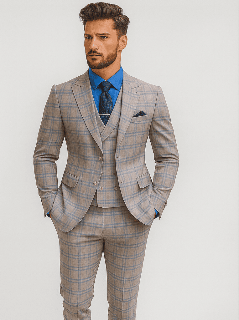 Beige plaid suit with blue check. Includes jacket, vest (with gold buttons), and fitted trousers. Classic tailored design for a polished look.