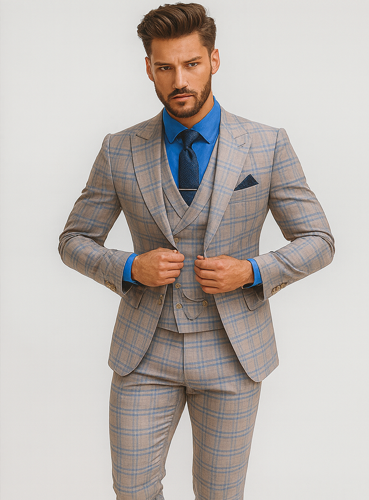 Designer Plaid Suit with Vest and Gold Buttons – Men’s Formal Style