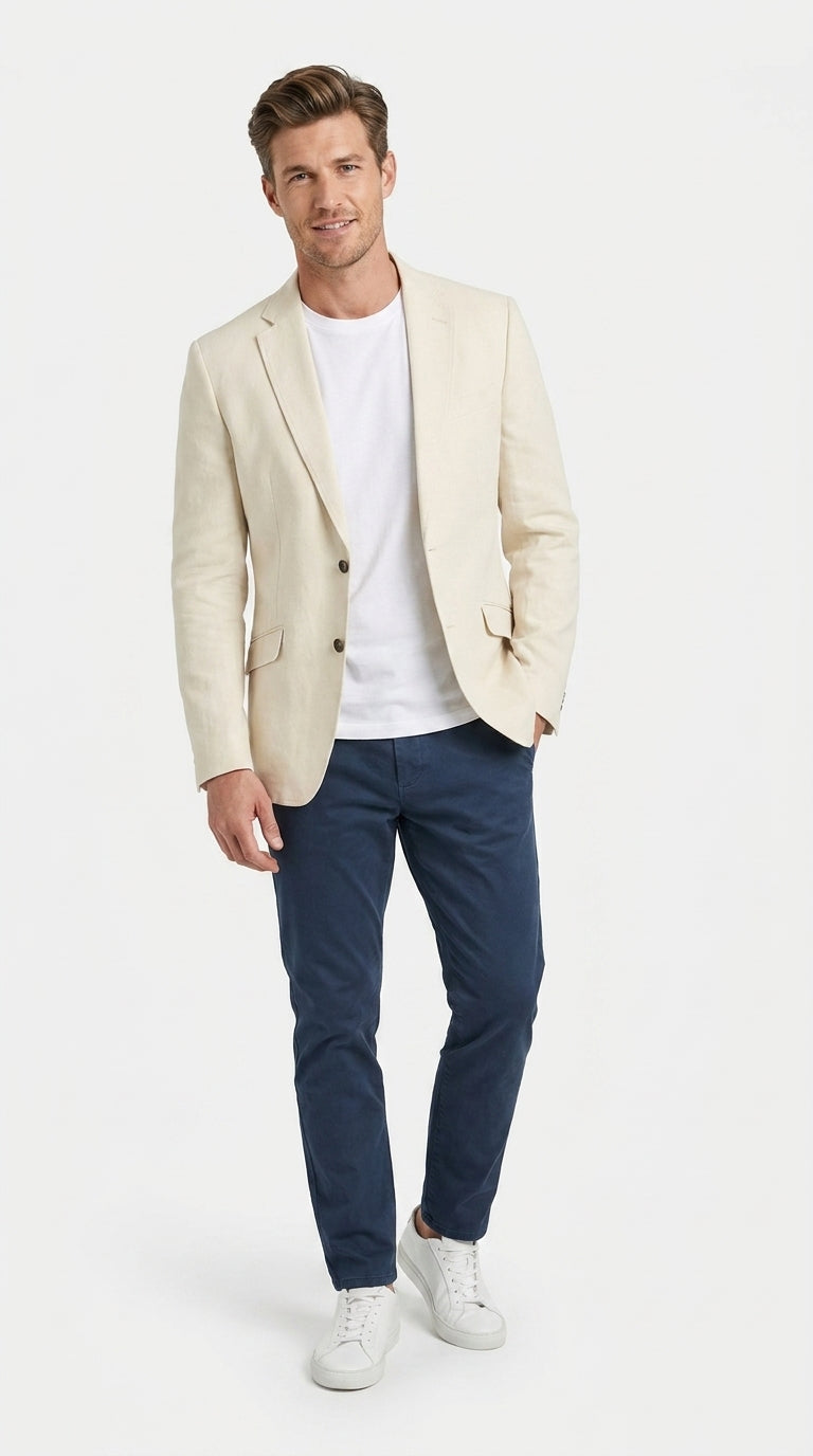 Mens Light Tan Sport Coat ā Two-Button Classic Blazer for Business, Wedding & Casual Wear Cream Ivory Linen Fabric