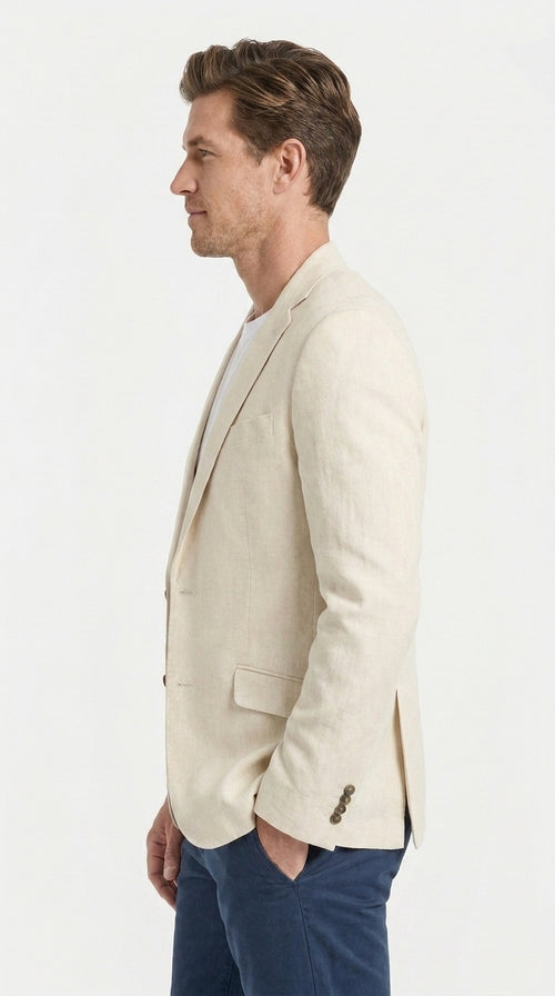 Mens Light Tan Sport Coat ā Two-Button Classic Blazer for Business, Wedding & Casual Wear Cream Ivory Linen Fabric