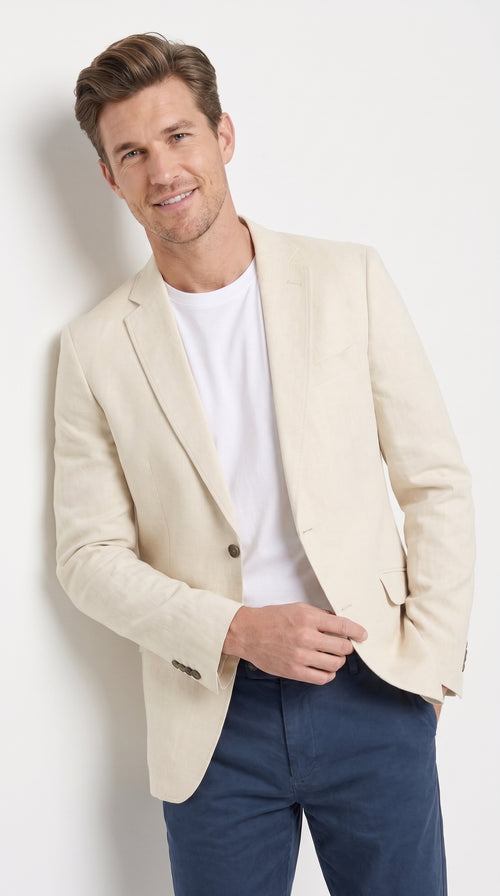 Mens Light Tan Sport Coat ā Two-Button Classic Blazer for Business, Wedding & Casual Wear Cream Ivory Linen Fabric