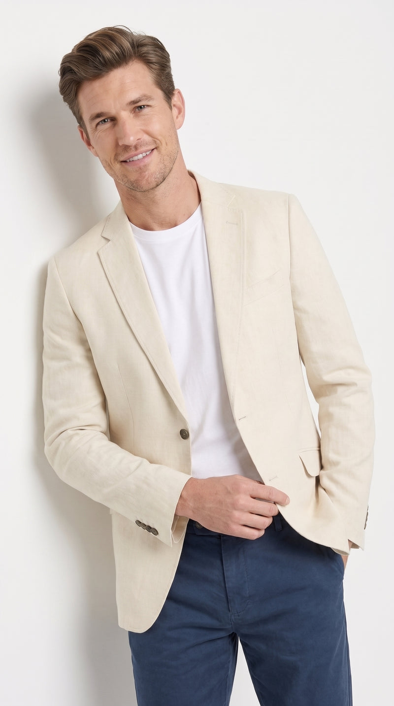 Mens Light Tan Sport Coat ā Two-Button Classic Blazer for Business, Wedding & Casual Wear Cream Ivory Linen Fabric