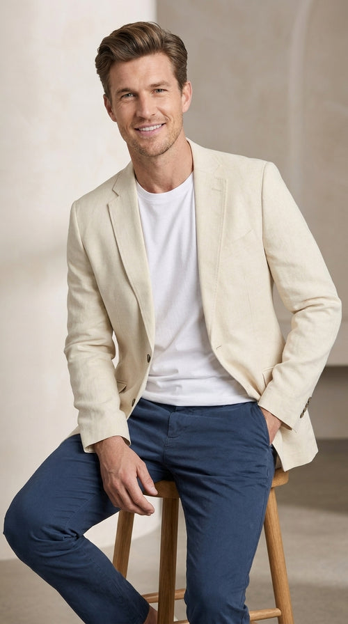 Mens Light Tan Sport Coat ā Two-Button Classic Blazer for Business, Wedding & Casual Wear Cream Ivory Linen Fabric
