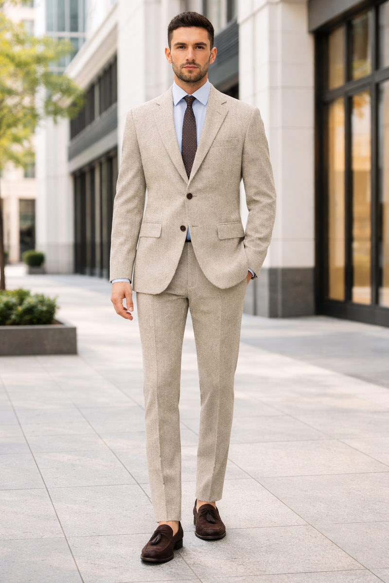 Men’s Light Tan Tweed Suit – Classic Beige Two Piece Suit, Herringbone Formal Wear, Vintage Style Business & Wedding Outfit for Men