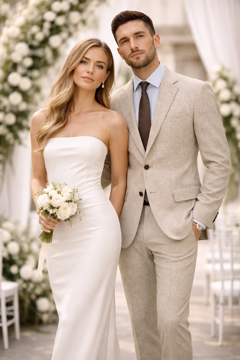Men’s Light Tan Tweed Suit – Classic Beige Two Piece Suit, Herringbone Formal Wear, Vintage Style Business & Wedding Outfit for Men