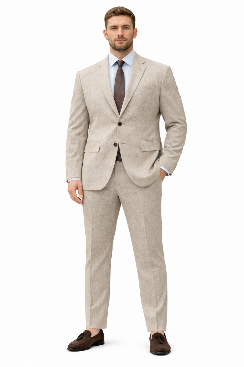 Men’s Light Tan Tweed Suit – Classic Beige Two Piece Suit, Herringbone Formal Wear, Vintage Style Business & Wedding Outfit for Men