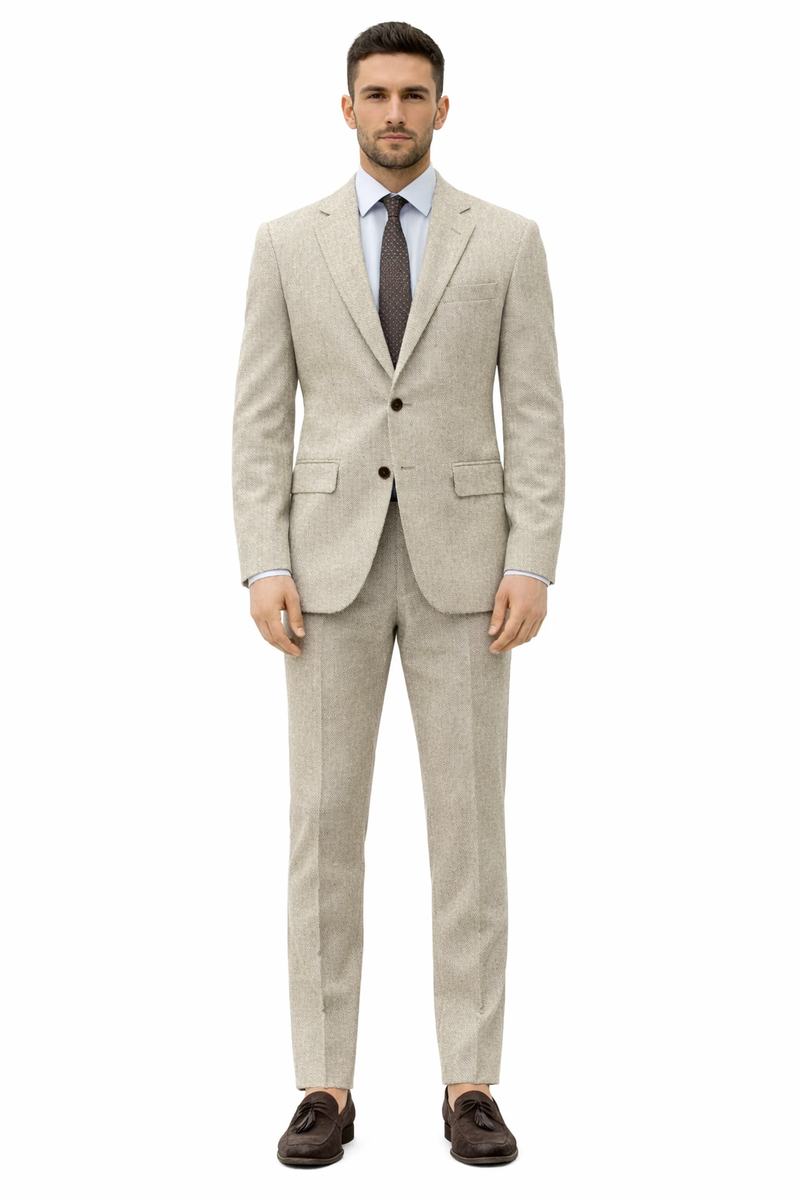 Men’s Light Tan Tweed Suit – Classic Beige Two Piece Suit, Herringbone Formal Wear, Vintage Style Business & Wedding Outfit for Men