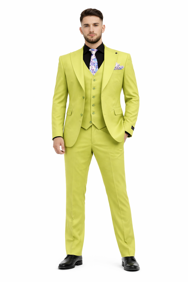 Men's Lime Green Three-Piece Suit with Floral Tie Ć¢ā¬ā Slim Fit Tuxedo for Weddings & Parties