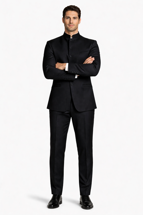 Mens Long Mandarin Collar Zoot Suit Black Tuxedo