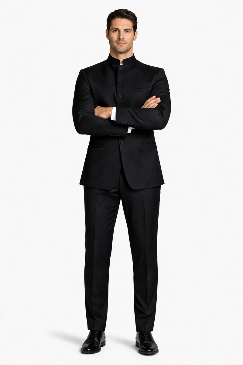 Mens Long Mandarin Collar Zoot Suit Black Tuxedo