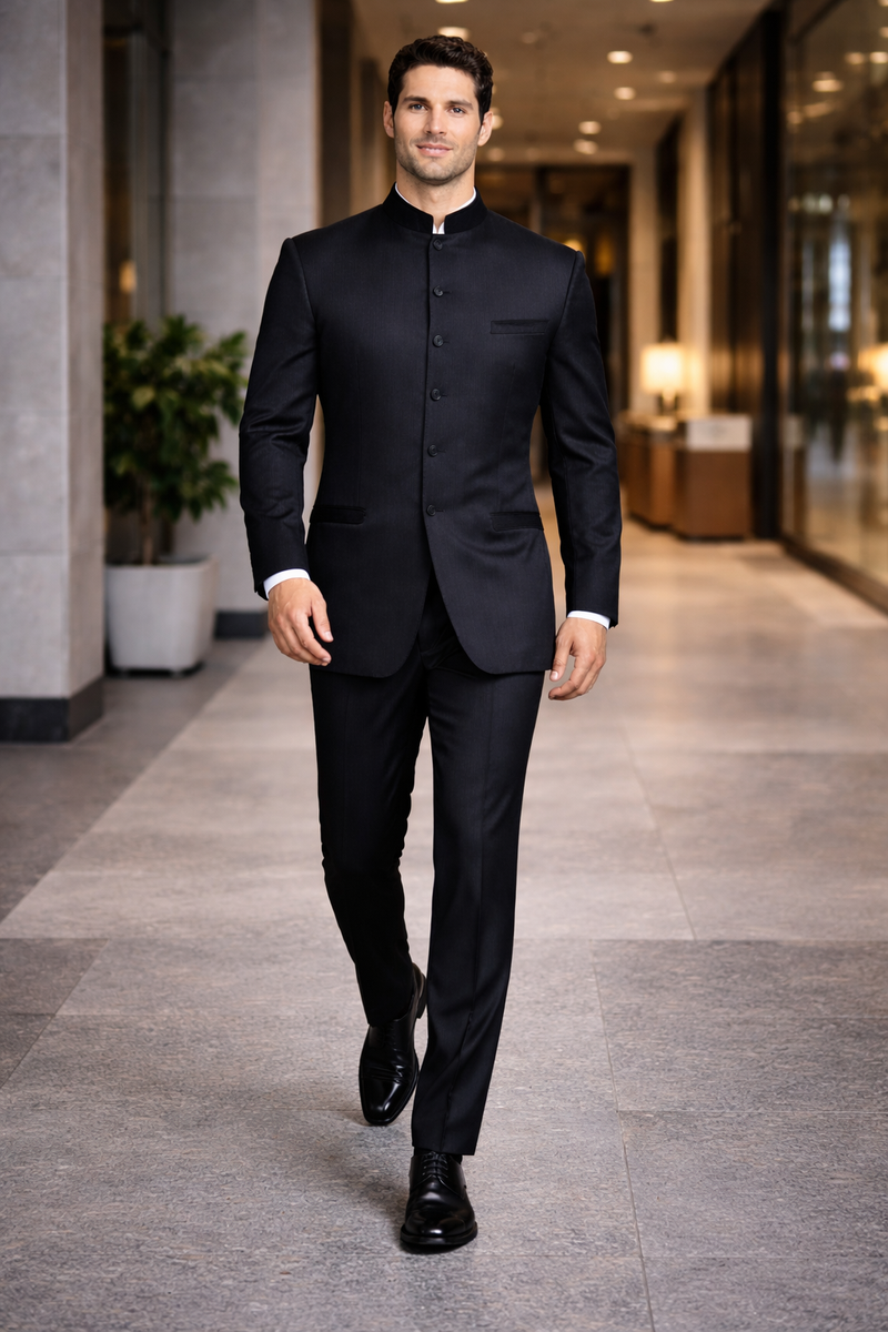 Mens Long Mandarin Collar Zoot Suit Black Tuxedo