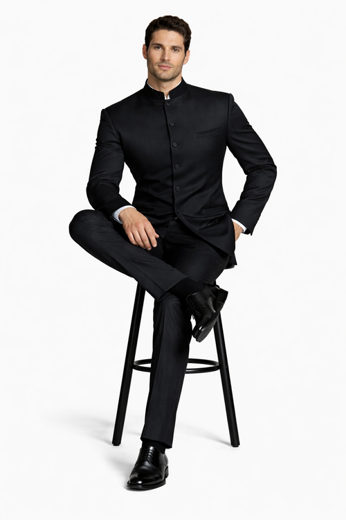 Mens Long Mandarin Collar Zoot Suit Black Tuxedo